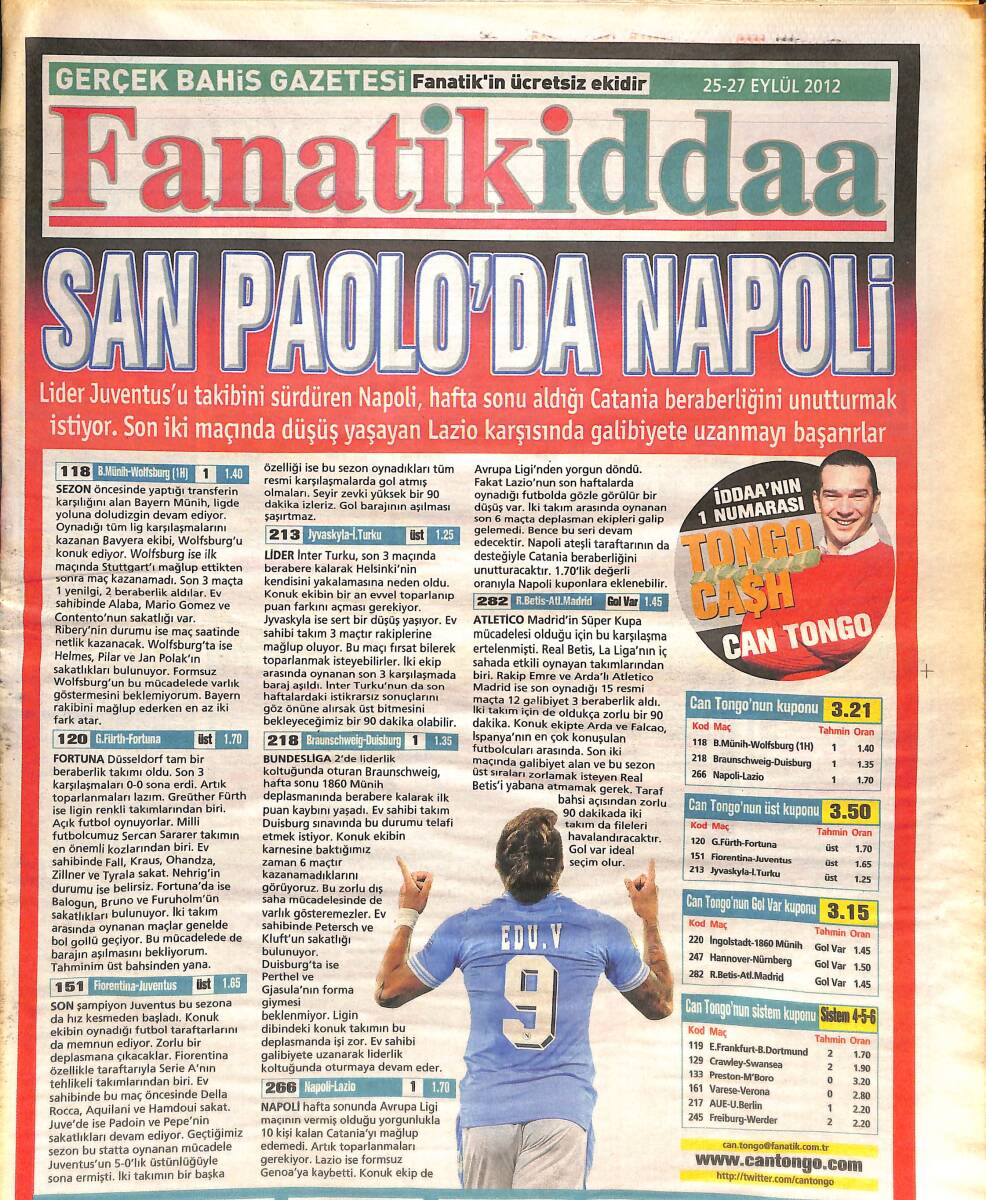 Fanatik Gazetesi Fanatikiddaa Eki 25-27 Eylül 2012 - San Paolo'da Napoli - LIVERPOOL Affettirir GZ135671 - 1