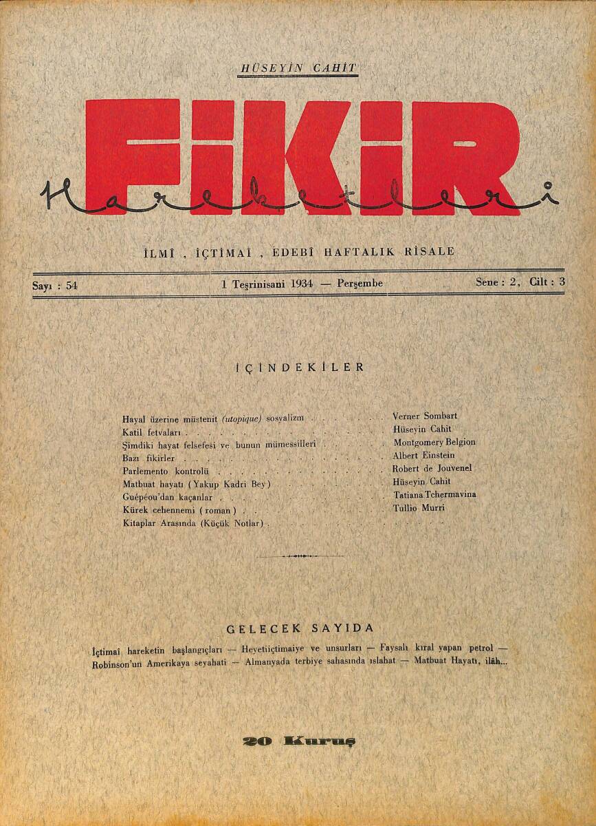 Fikir Hareketleri İlmi, İçtimai, Edebi Haftalık Risale 1 Kasım (Teşrinisani) 1934 Sayı: 54 - Hüseyin Cahit Yalçın - Werner Sombart NDR98799 - 1