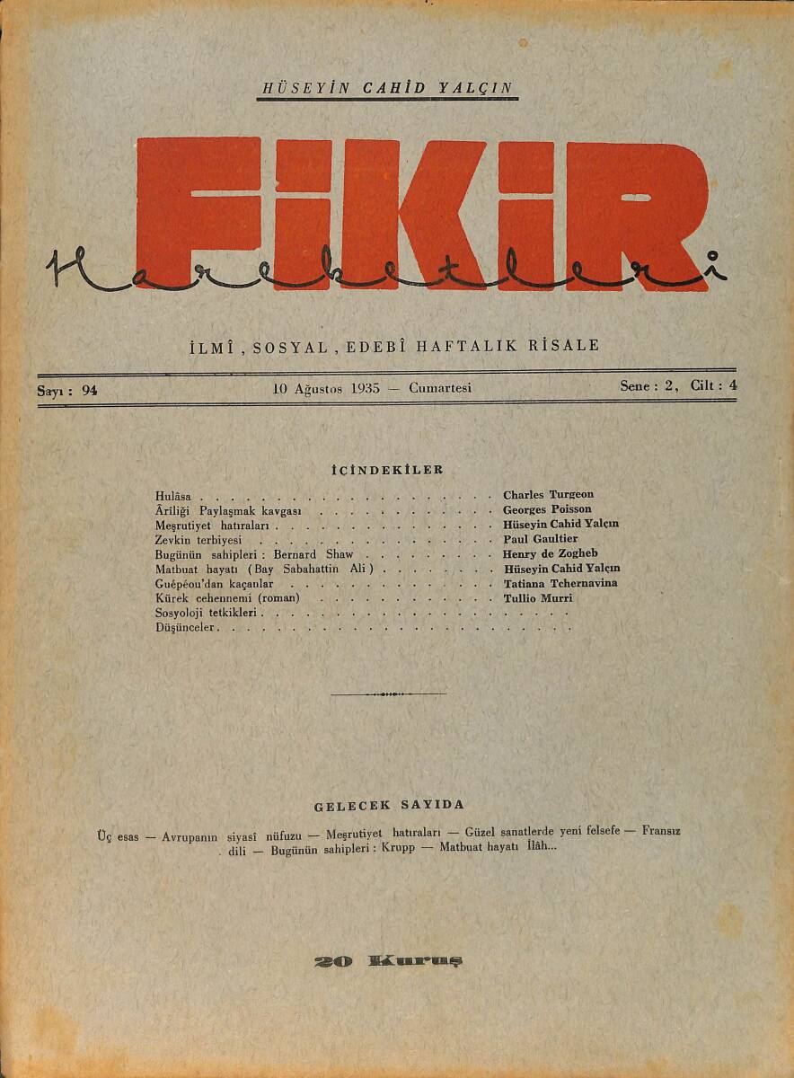 Fikir Hareketleri İlmi, İçtimai, Edebi Haftalık Risale 10 Ağustos 1935 Sayı: 94 - Hüseyin Cahit Yalçın - Charles Turgeon NDR98781 - 1