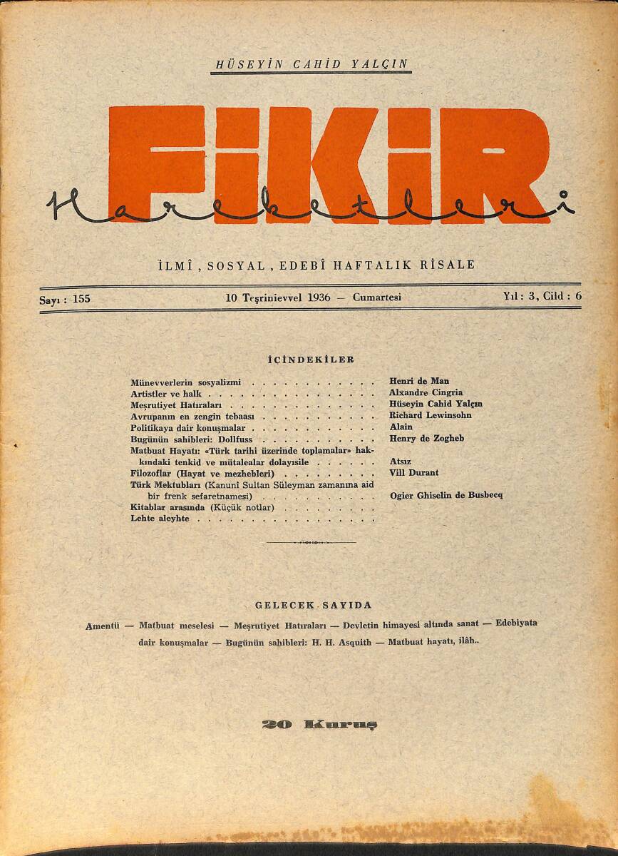 Fikir Hareketleri İlmi, İçtimai, Edebi Haftalık Risale 10 Ekim (Teşrinievvel) 1936 Sayı: 155 - Hüseyin Cahit Yalçın NDR99447 - 1