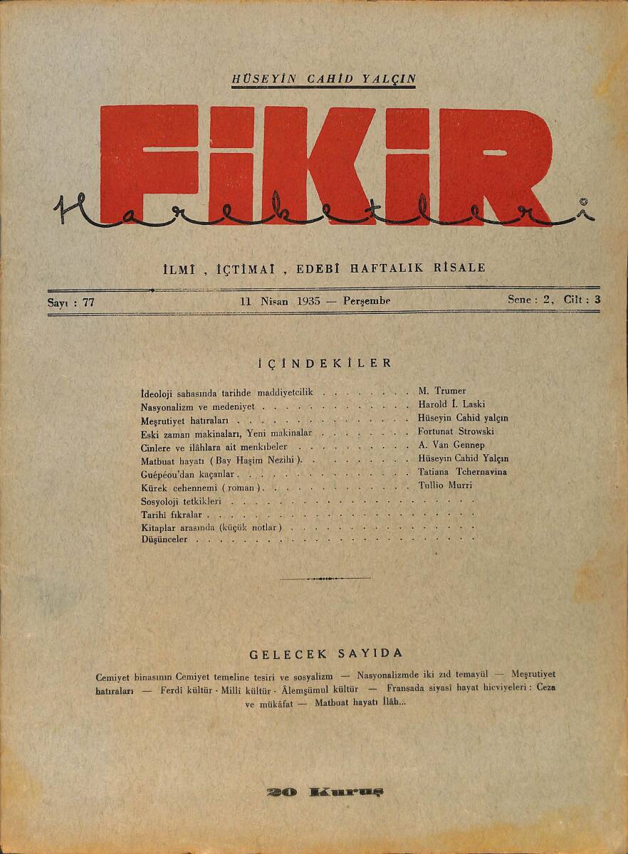 Fikir Hareketleri İlmi, İçtimai, Edebi Haftalık Risale 11 Nisan 1935 Sayı: 77 - Hüseyin Cahit Yalçın - Tullio Murri NDR98748 - 1
