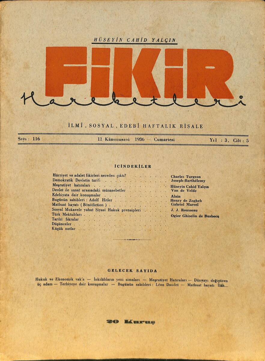 Fikir Hareketleri İlmi, İçtimai, Edebi Haftalık Risale 11 Ocak (Kanunusani) 1936 Sayı: 116 - Hüseyin Cahit Yalçın NDR99416 - 1