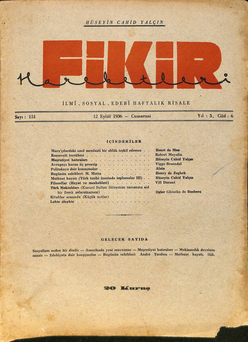 Fikir Hareketleri İlmi, İçtimai, Edebi Haftalık Risale 12 Eylül 1936 Sayı: 151 - Hüseyin Cahit Yalçın NDR99409 - 1