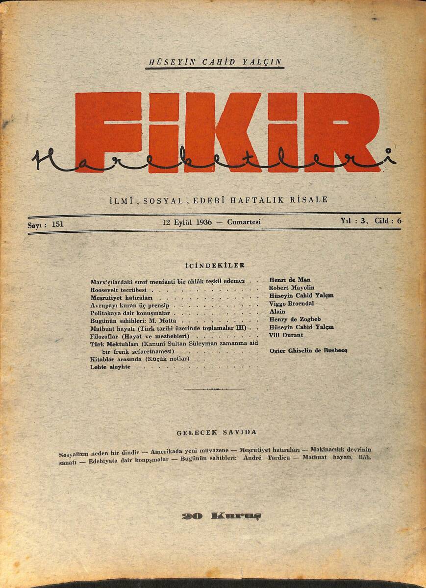 Fikir Hareketleri İlmi, İçtimai, Edebi Haftalık Risale 12 Eylül 1936 Sayı: 151 - Hüseyin Cahit Yalçın NDR99444 - 1