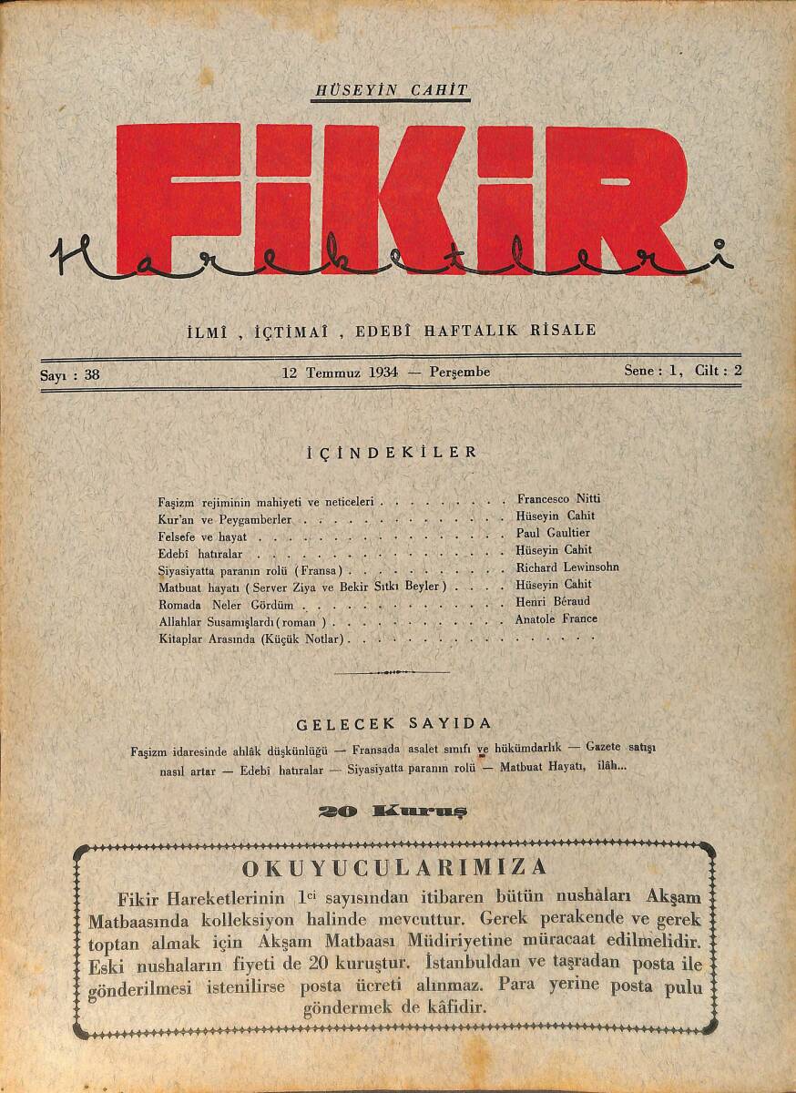 Fikir Hareketleri İlmi, İçtimai, Edebi Haftalık Risale 12 Temmuz 1934 Sayı: 38 - Hüseyin Cahit Yalçın - Francesco Nitti NDR98769 - 1