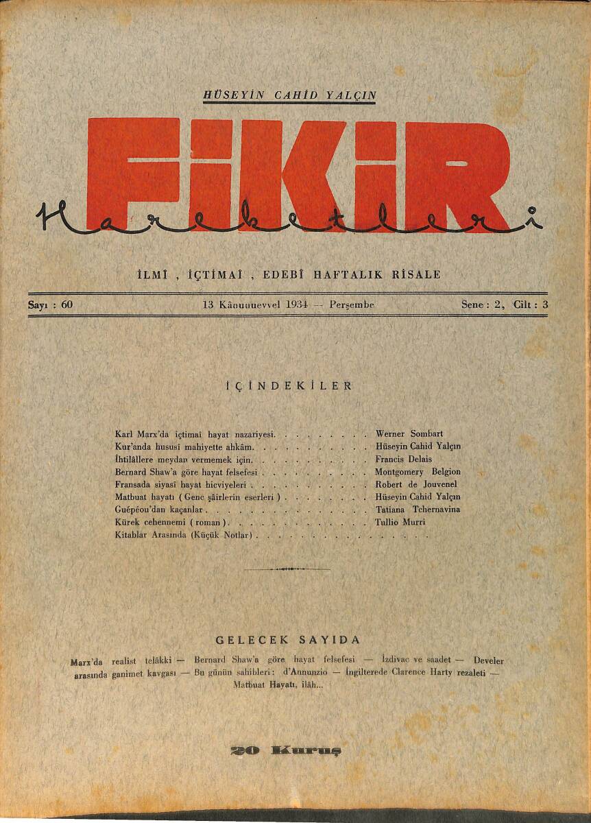 Fikir Hareketleri İlmi, İçtimai, Edebi Haftalık Risale 13 Aralık (Kanunuevvel) 1934 Sayı: 60 - Hüseyin Cahit Yalçın - Werner Sombart NDR98793 - 1