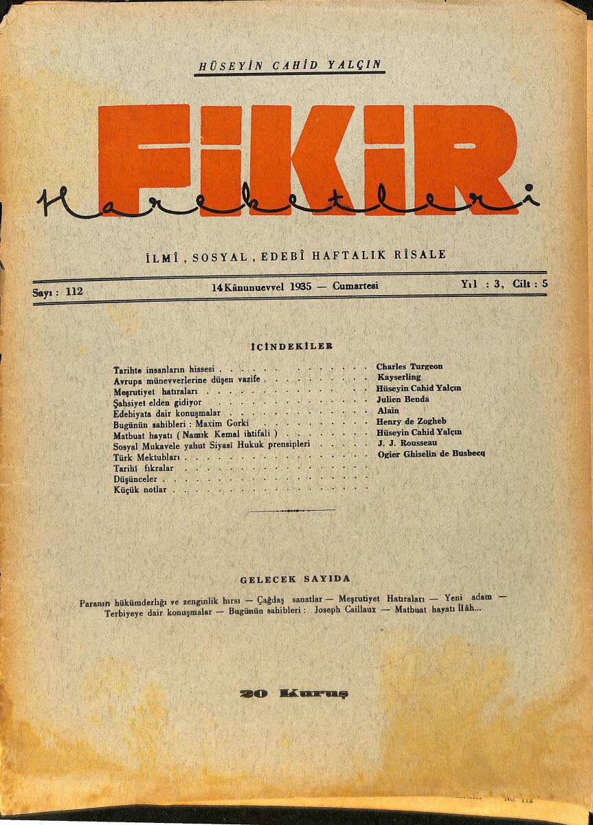 Fikir Hareketleri İlmi, İçtimai, Edebi Haftalık Risale 14 Aralık (Kanunuevvel) 1935 Sayı: 112 - Hüseyin Cahit Yalçın NDR99418 - 1