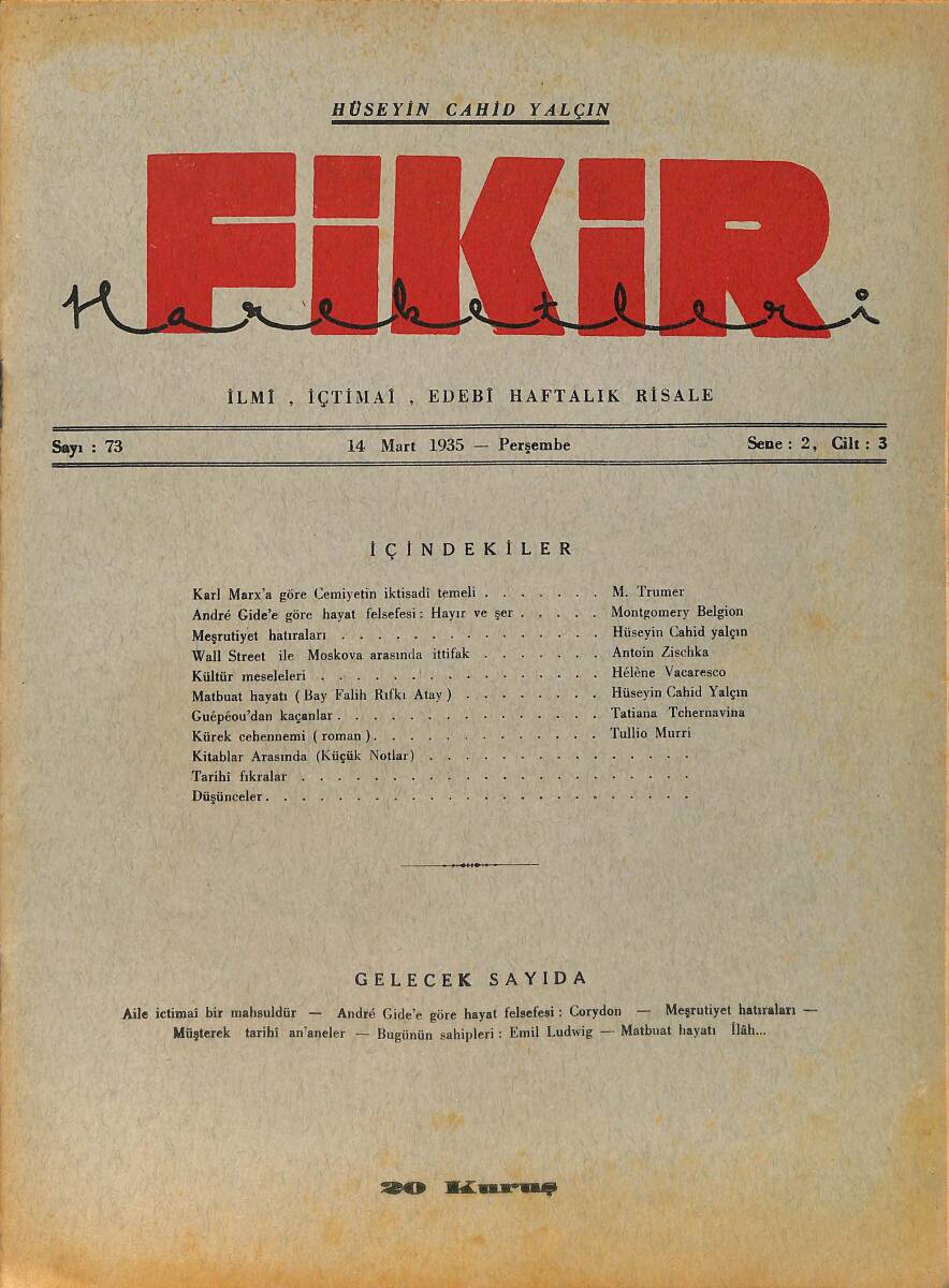 Fikir Hareketleri İlmi, İçtimai, Edebi Haftalık Risale 14 Mart 1935 Sayı: 73 - Hüseyin Cahit Yalçın - Tullio Murri NDR98752 - 1