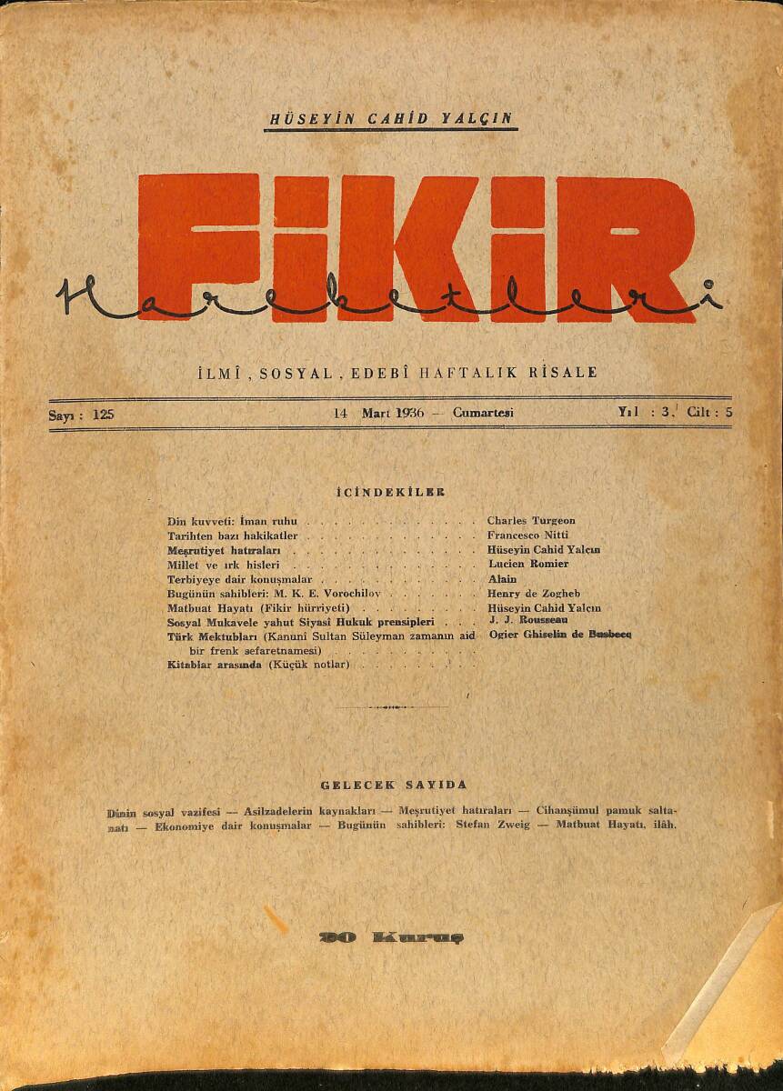 Fikir Hareketleri İlmi, İçtimai, Edebi Haftalık Risale 14 Mart 1936 Sayı: 125 - Hüseyin Cahit Yalçın NDR99414 - 1