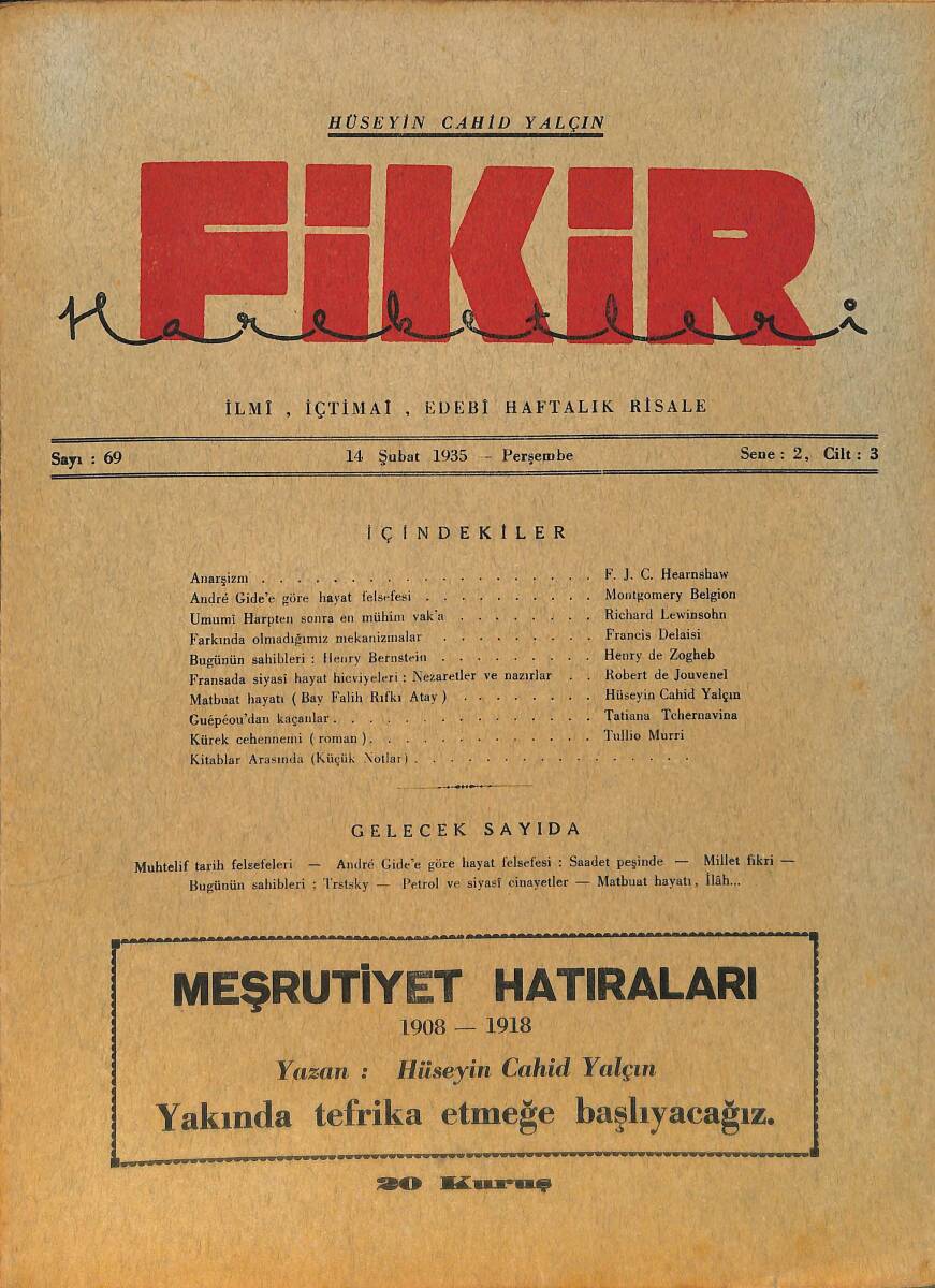 Fikir Hareketleri İlmi, İçtimai, Edebi Haftalık Risale 14 Şubat 1935 Sayı: 69 - Hüseyin Cahit Yalçın - Tullio Murri NDR98756 - 1