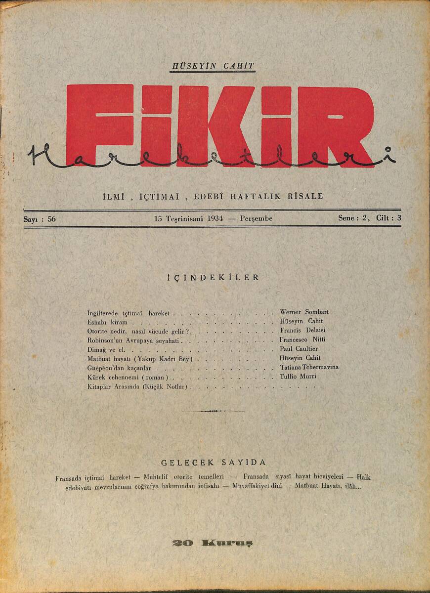 Fikir Hareketleri İlmi, İçtimai, Edebi Haftalık Risale 15 Kasım (Teşrinisani) 1934 Sayı: 56 - Hüseyin Cahit Yalçın - Werner Sombart NDR98797 - 1