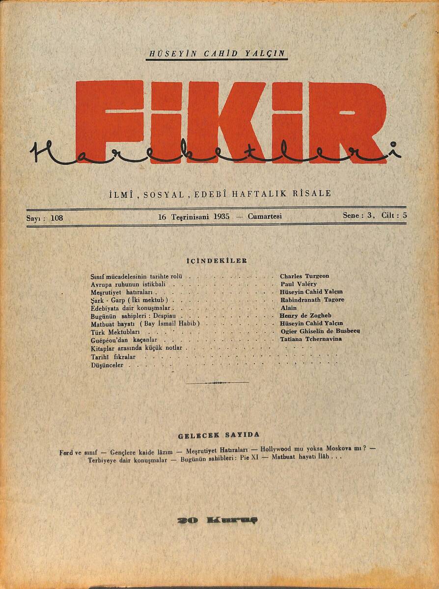 Fikir Hareketleri İlmi, İçtimai, Edebi Haftalık Risale 16 Kasım (Teşrinisani) 1935 Sayı: 108 - Hüseyin Cahit Yalçın - Charles Turgeon NDR98790 - 1