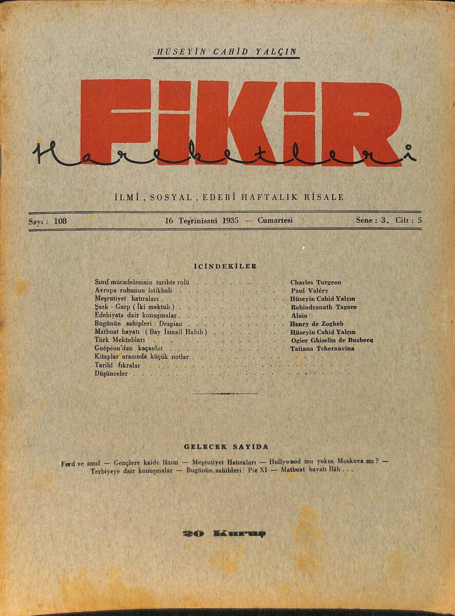 Fikir Hareketleri İlmi, İçtimai, Edebi Haftalık Risale 16 Kasım (Teşrinisani) 1935 Sayı: 108 - Hüseyin Cahit Yalçın NDR99421 - 1