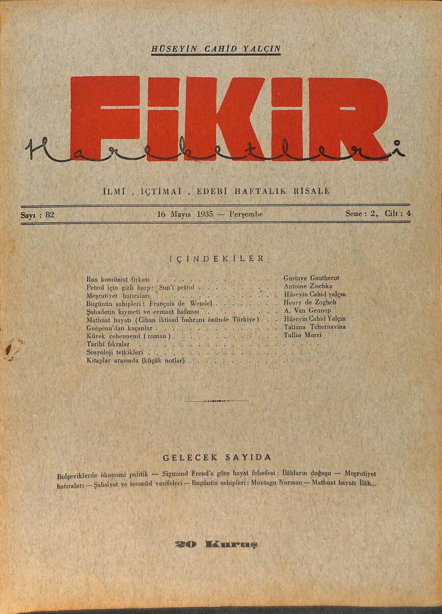 Fikir Hareketleri İlmi, İçtimai, Edebi Haftalık Risale 16 Mayıs 1935 Sayı: 82 - Hüseyin Cahit Yalçın - Gustave Gautherot NDR98804 - 1