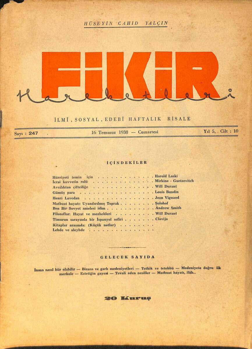 Fikir Hareketleri İlmi, İçtimai, Edebi Haftalık Risale 16 Temmuz 1938 Sayı: 247 - Hüseyin Cahit Yalçın NDR99434 - 1