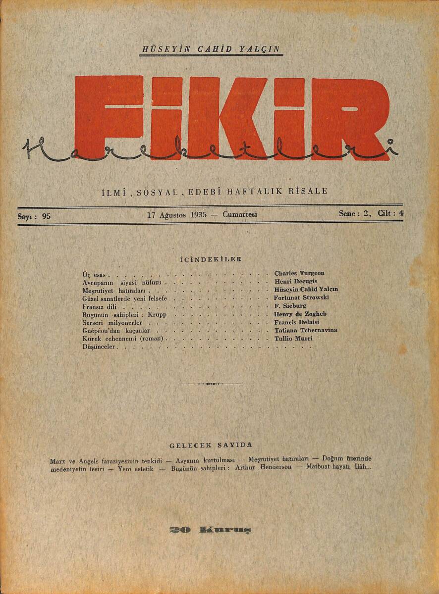 Fikir Hareketleri İlmi, İçtimai, Edebi Haftalık Risale 17 Ağustos 1935 Sayı: 95 - Hüseyin Cahit Yalçın - Charles Turgeon NDR98782 - 1