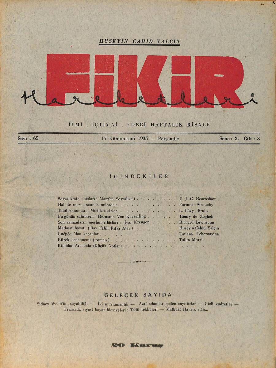 Fikir Hareketleri İlmi, İçtimai, Edebi Haftalık Risale 17 Ocak (Kanunisani) 1935 Sayı: 65 - Hüseyin Cahit Yalçın - Fortunat Strowsky NDR98760 - 1