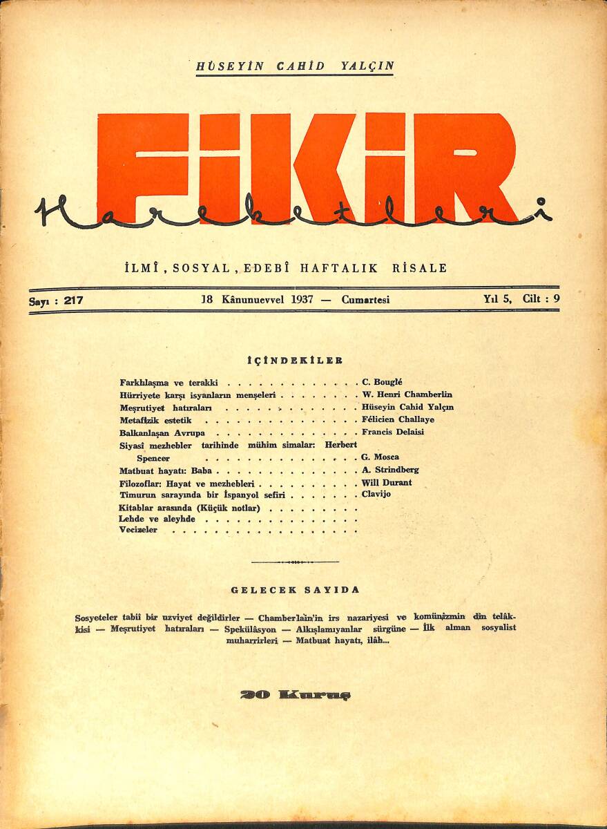 Fikir Hareketleri İlmi, İçtimai, Edebi Haftalık Risale 18 Aralık (Kanunuevvel) 1937 Sayı: 217 - Hüseyin Cahit Yalçın NDR99454 - 1