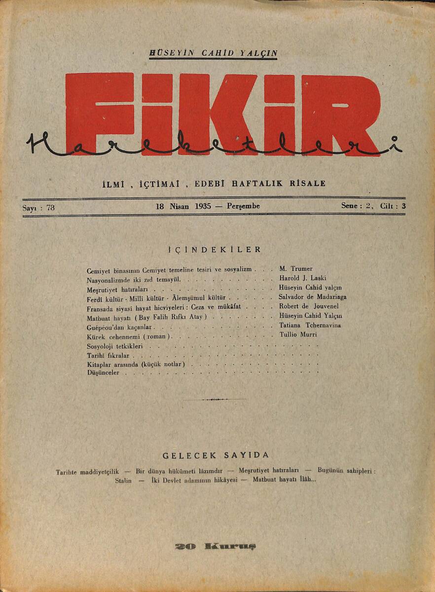 Fikir Hareketleri İlmi, İçtimai, Edebi Haftalık Risale 18 Nisan 1935 Sayı: 78 - Hüseyin Cahit Yalçın - Tullio Murri NDR98747 - 1