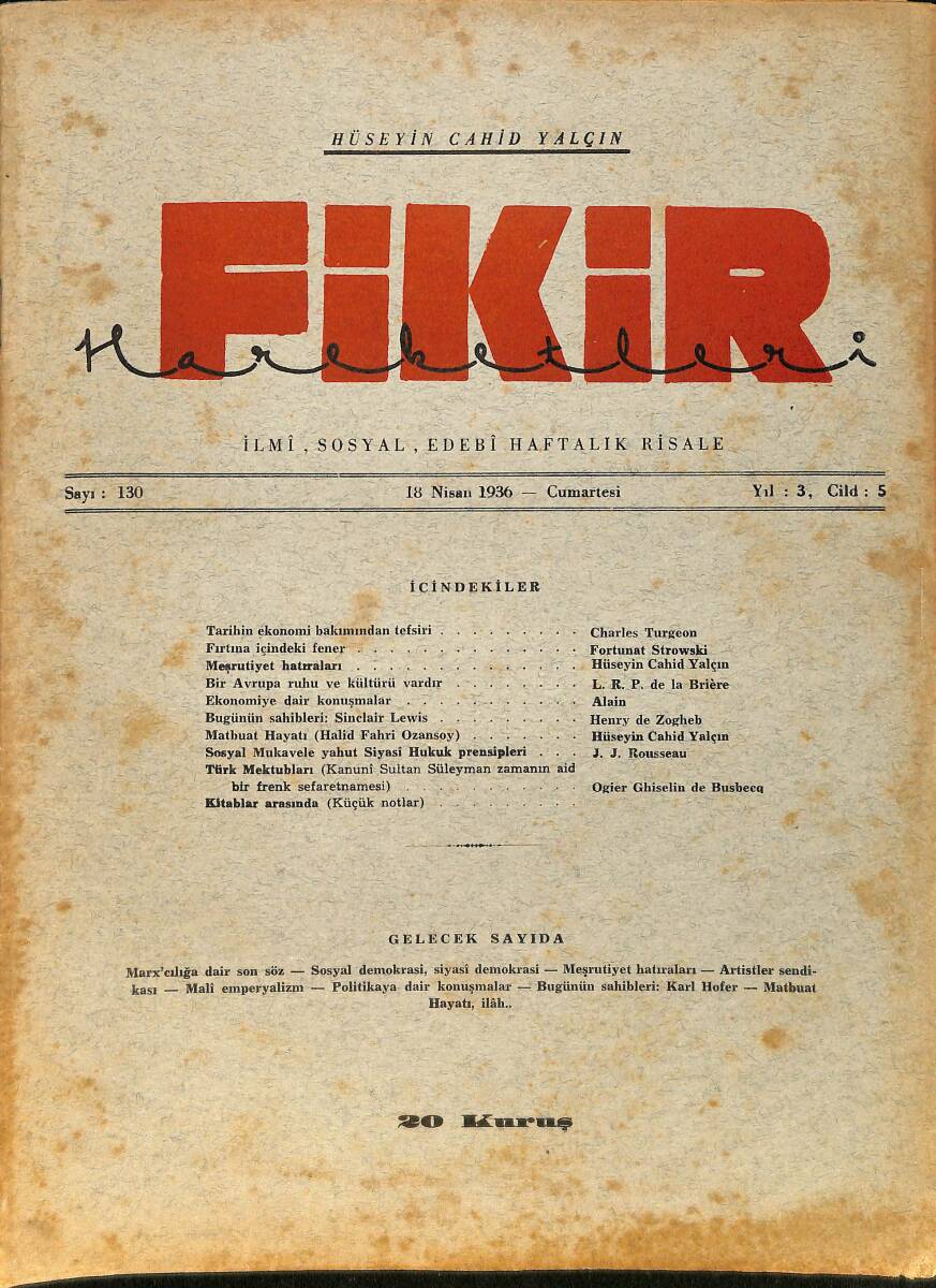 Fikir Hareketleri İlmi, İçtimai, Edebi Haftalık Risale 18 Nisan 1936 Sayı: 130 - Hüseyin Cahit Yalçın NDR99411 - 1