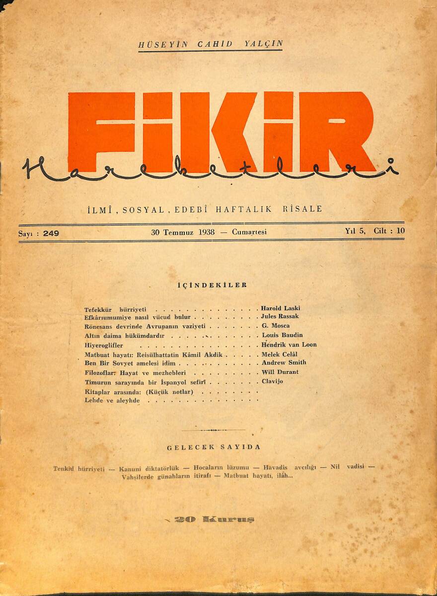 Fikir Hareketleri İlmi, İçtimai, Edebi Haftalık Risale 30 Temmuz 1938 Sayı: 249 - Hüseyin Cahit Yalçın NDR99425 - 1
