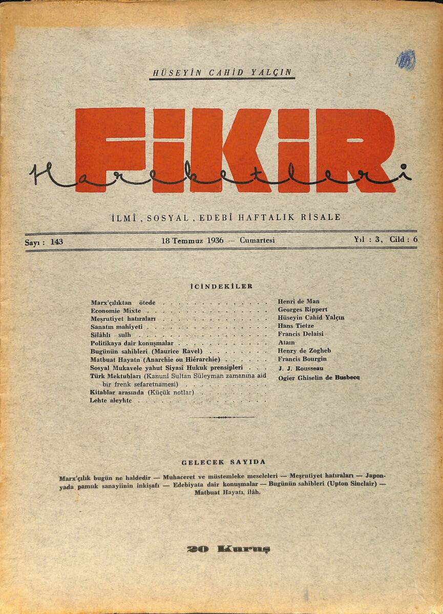 Fikir Hareketleri İlmi, İçtimai, Edebi Haftalık Risale 18 Temmuz 1936 Sayı: 143 - Hüseyin Cahit Yalçın NDR99424 - 1