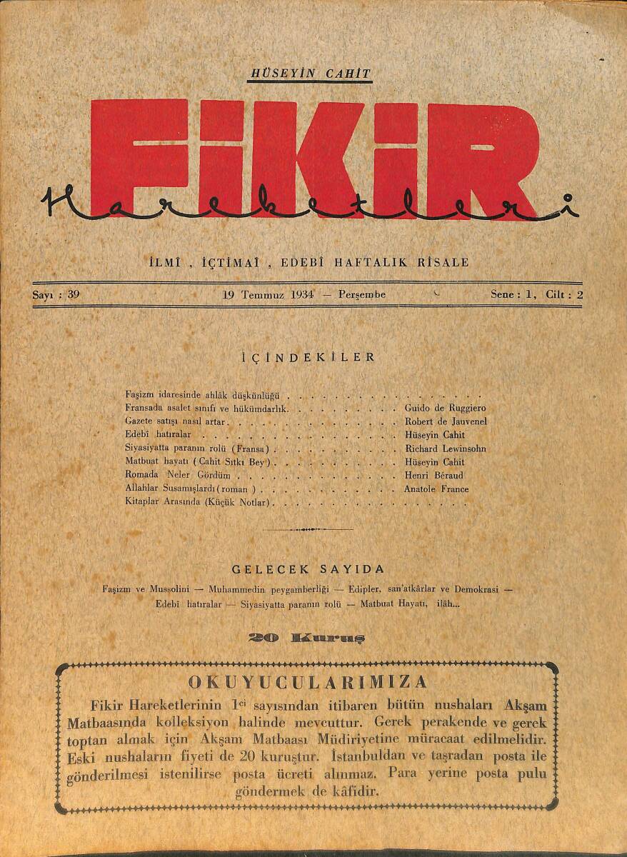 Fikir Hareketleri İlmi, İçtimai, Edebi Haftalık Risale 19 Temmuz 1934 Sayı: 39 - Hüseyin Cahit Yalçın - Anatole France NDR98767 - 1