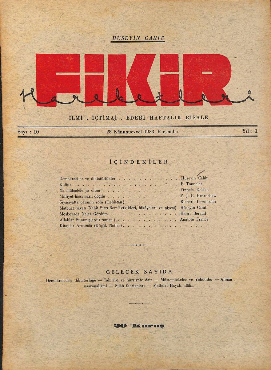 Fikir Hareketleri İlmi, İçtimai, Edebi Haftalık Risale 1933 Sayı 10 - Hüseyin Cahit - Henri Beraud NDR92111 - 1
