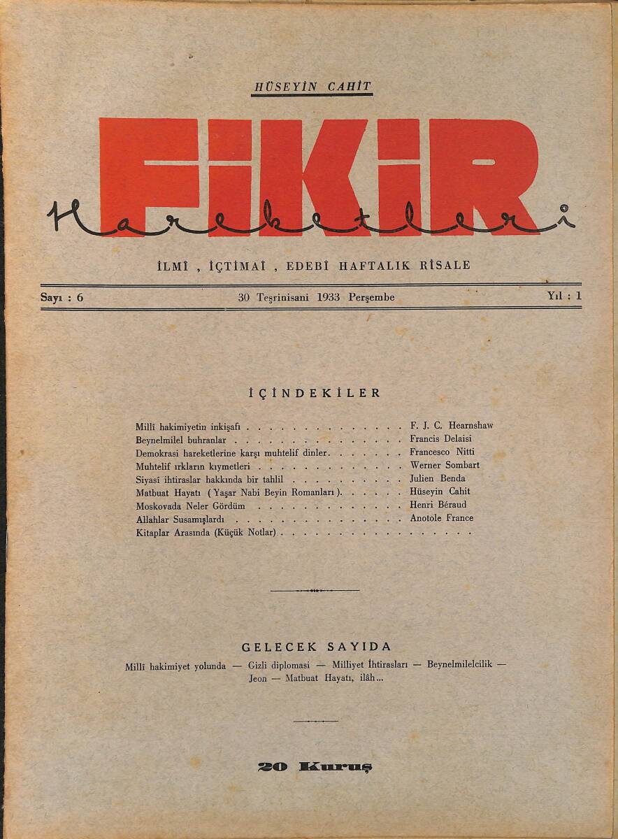 Fikir Hareketleri İlmi, İçtimai, Edebi Haftalık Risale 1933 Sayı 6 - Hüseyin Cahit - Julien Benda NDR92115 - 1