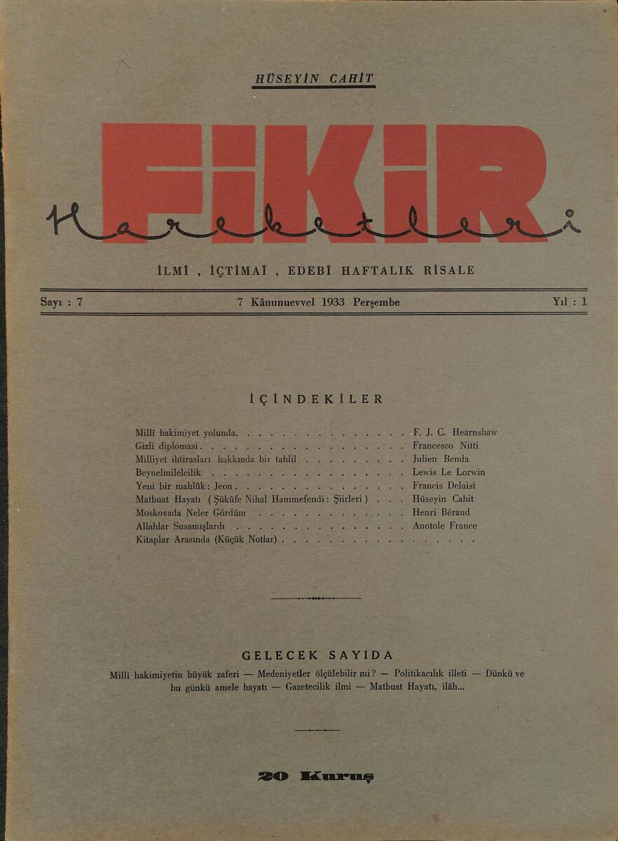 Fikir Hareketleri İlmi, İçtimai, Edebi Haftalık Risale 1933 Sayı 7 - Hüseyin Cahit - Julien Benda NDR92114 - 1