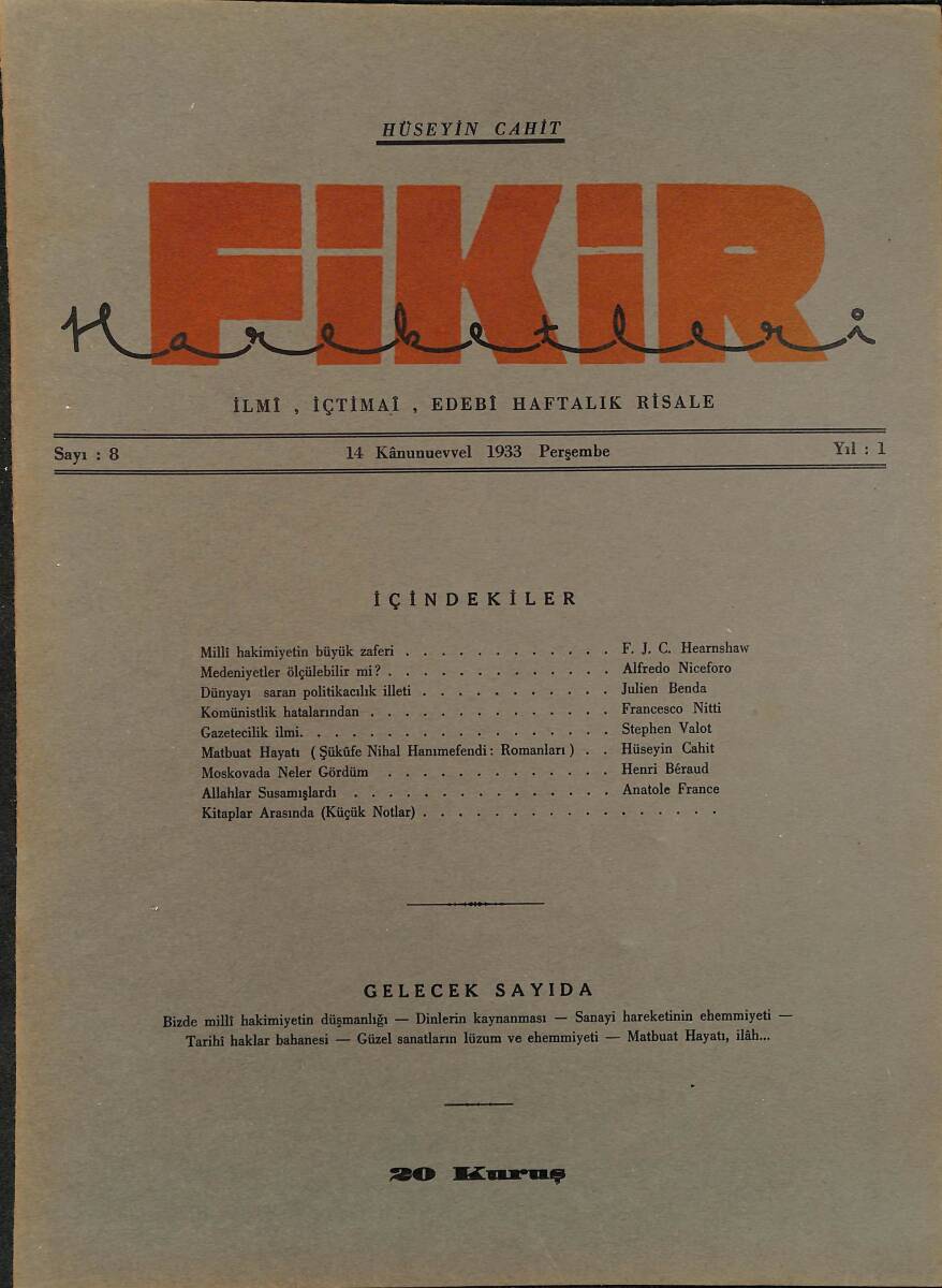 Fikir Hareketleri İlmi, İçtimai, Edebi Haftalık Risale 1933 Sayı 8 - Hüseyin Cahit - Stephen Valot NDR92113 - 1