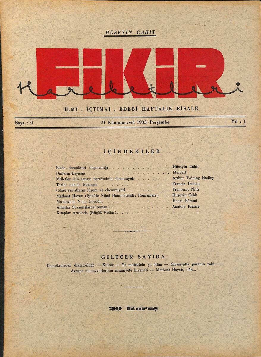 Fikir Hareketleri İlmi, İçtimai, Edebi Haftalık Risale 1933 Sayı 9 - Hüseyin Cahit - Malvert NDR92112 - 1