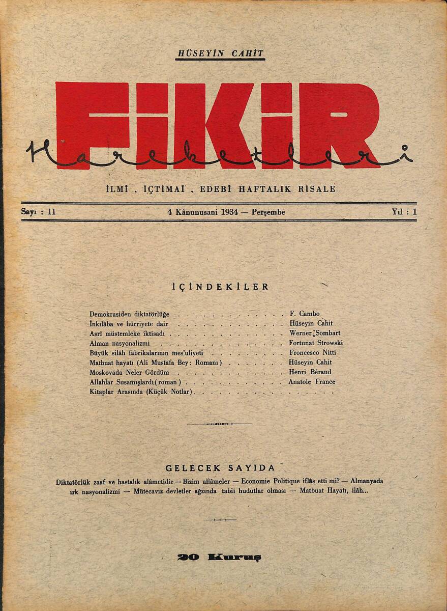Fikir Hareketleri İlmi, İçtimai, Edebi Haftalık Risale 1934 Sayı 11 - Hüseyin Cahit - Fortunat Strowski NDR92110 - 1