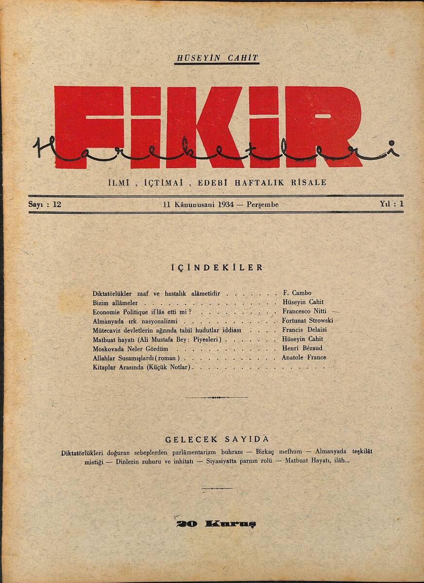Fikir Hareketleri İlmi, İçtimai, Edebi Haftalık Risale 1934 Sayı 12 - Hüseyin Cahit - Anatole France NDR92109 - 1