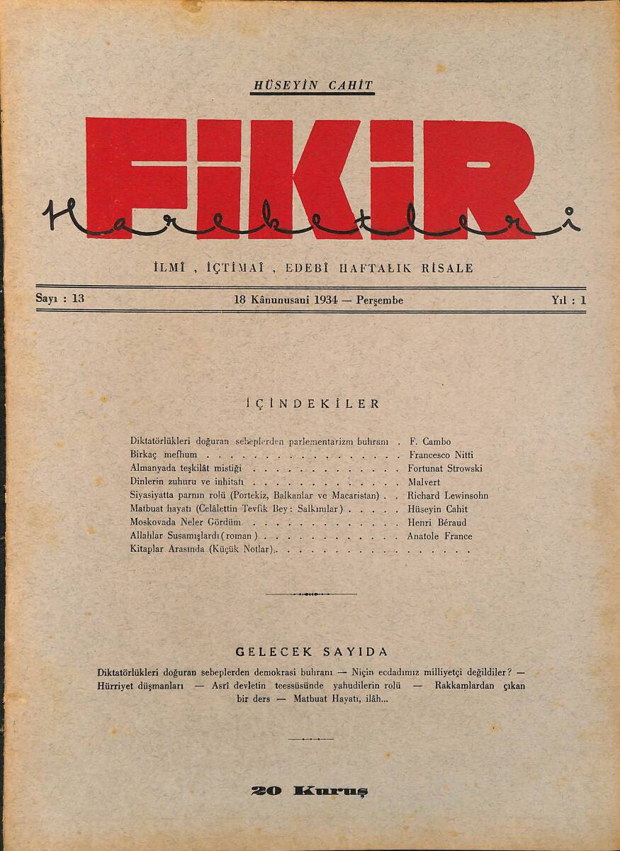 Fikir Hareketleri İlmi, İçtimai, Edebi Haftalık Risale 1934 Sayı 13 - Hüseyin Cahit - Malvert NDR92108 - 1