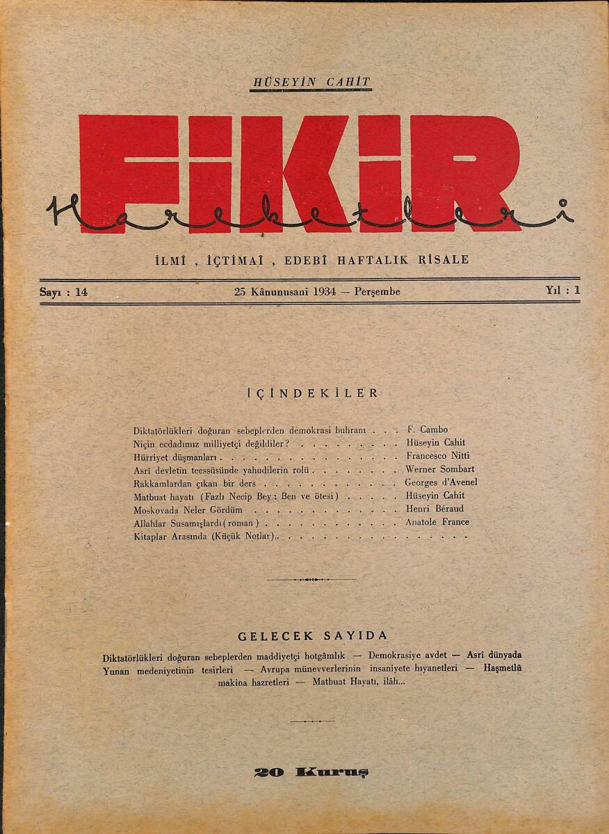 Fikir Hareketleri İlmi, İçtimai, Edebi Haftalık Risale 1934 Sayı 14 - Hüseyin Cahit - F. Cambo NDR92107 - 1