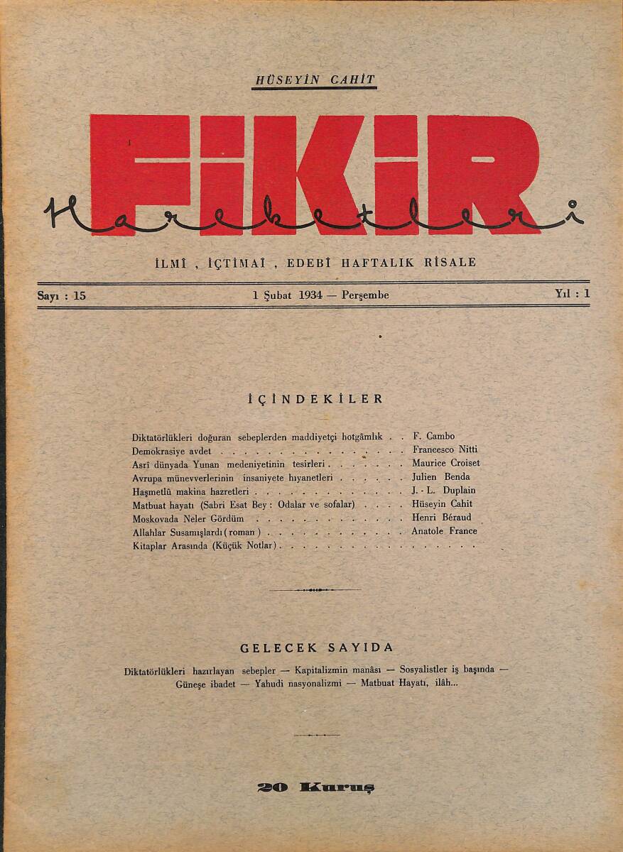 Fikir Hareketleri İlmi, İçtimai, Edebi Haftalık Risale 1934 Sayı 15 - Hüseyin Cahit - Julien Benda NDR92106 - 1