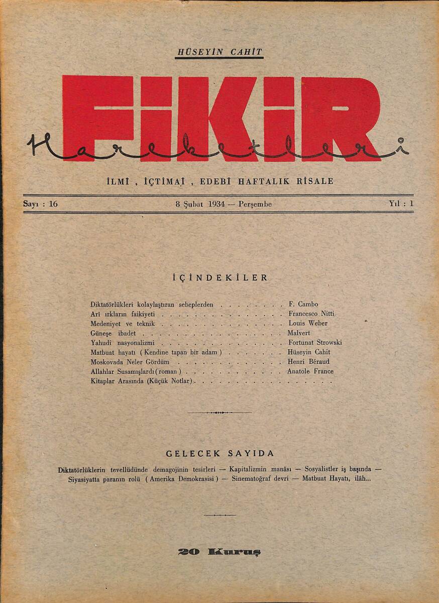 Fikir Hareketleri İlmi, İçtimai, Edebi Haftalık Risale 1934 Sayı 16 - Hüseyin Cahit - Louis Weber NDR92105 - 1