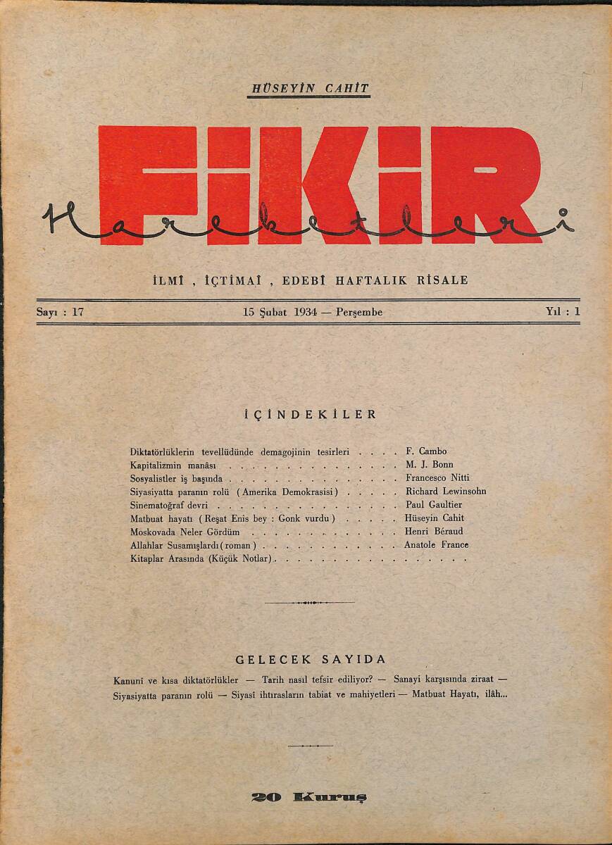 Fikir Hareketleri İlmi, İçtimai, Edebi Haftalık Risale 1934 Sayı 17 - Hüseyin Cahit - Anatole France NDR92104 - 1