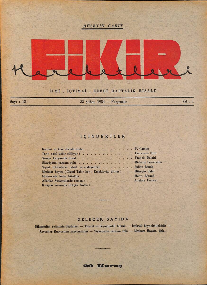Fikir Hareketleri İlmi, İçtimai, Edebi Haftalık Risale 1934 Sayı 18 - Hüseyin Cahit - Francis Delaisi NDR92103 - 1