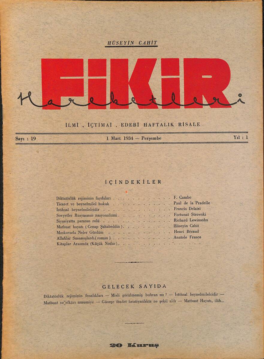 Fikir Hareketleri İlmi, İçtimai, Edebi Haftalık Risale 1934 Sayı 19 - Hüseyin Cahit - Francis Delaisi NDR92102 - 1
