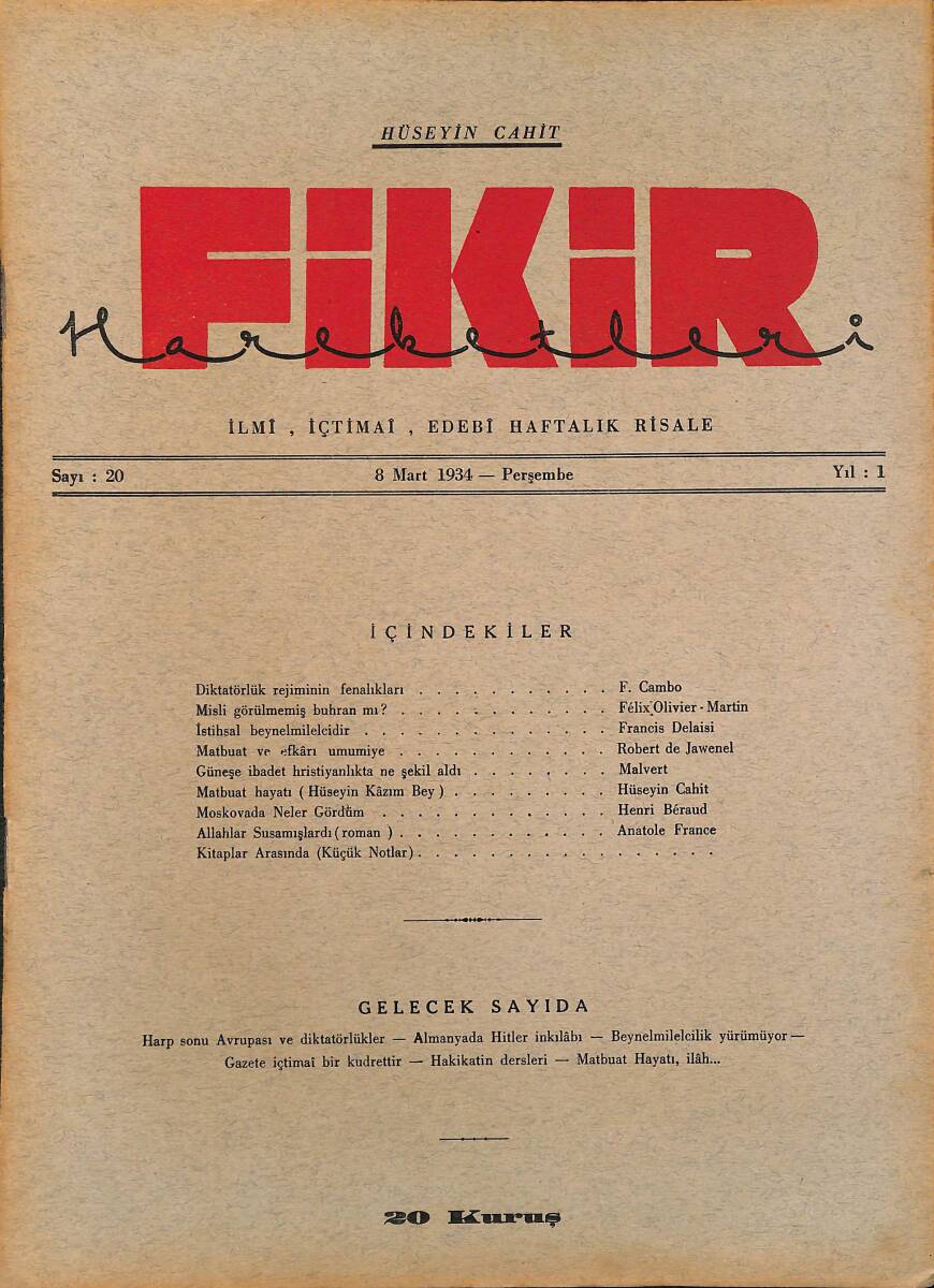 Fikir Hareketleri İlmi, İçtimai, Edebi Haftalık Risale 1934 Sayı 20 - Hüseyin Cahit - Malvert NDR92101 - 1