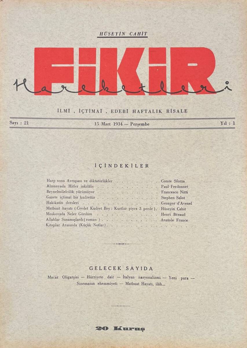 Fikir Hareketleri İlmi, İçtimai, Edebi Haftalık Risale 1934 Sayı 21- Hüseyin Cahit - Stephen Salot NDR92100 - 1