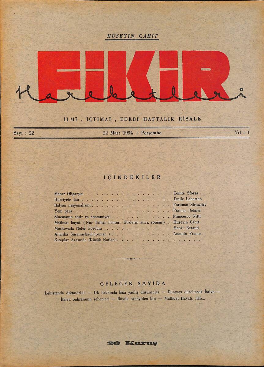 Fikir Hareketleri İlmi, İçtimai, Edebi Haftalık Risale 1934 Sayı 22 - Hüseyin Cahit - Emile Lebarthe NDR92099 - 1