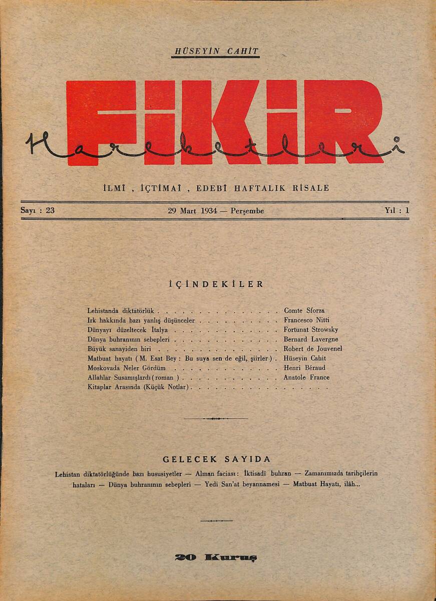 Fikir Hareketleri İlmi, İçtimai, Edebi Haftalık Risale 1934 Sayı 23 - Hüseyin Cahit - Henri Beraud NDR92098 - 1