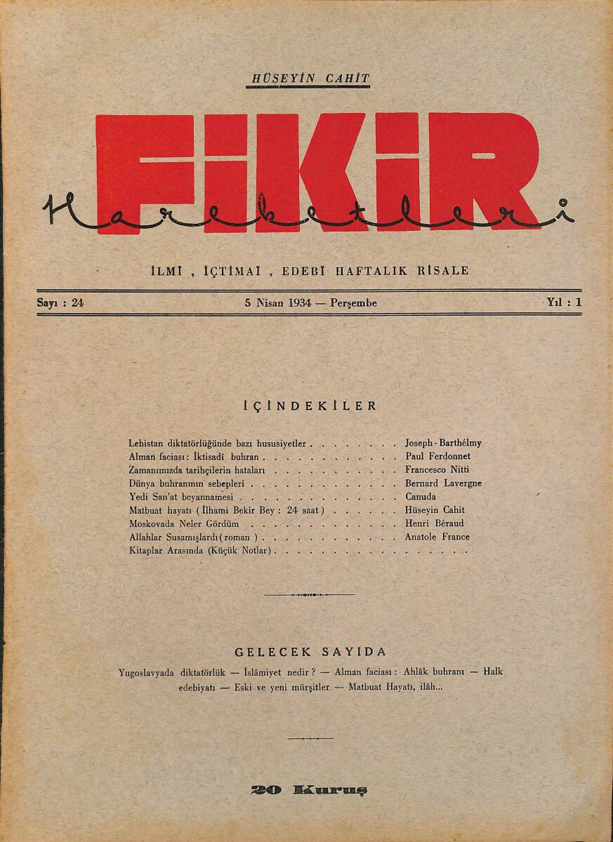 Fikir Hareketleri İlmi, İçtimai, Edebi Haftalık Risale 1934 Sayı 24 - Hüseyin Cahit - Canuda NDR92097 - 1