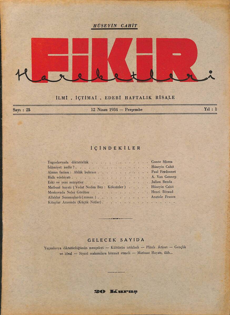 Fikir Hareketleri İlmi, İçtimai, Edebi Haftalık Risale 1934 Sayı 25 - Hüseyin Cahit - Paul Ferdonnet NDR92096 - 1