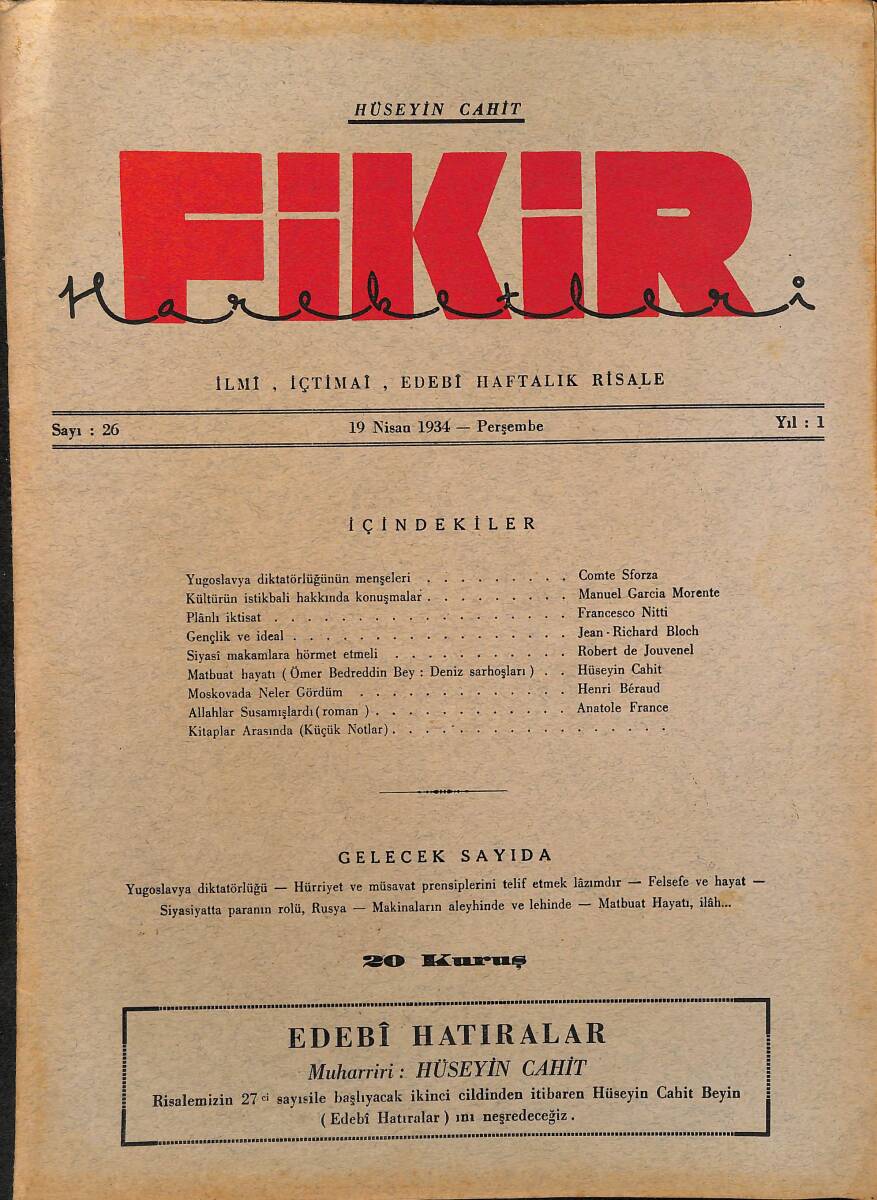Fikir Hareketleri İlmi, İçtimai, Edebi Haftalık Risale 1934 Sayı 26 - Hüseyin Cahit - Comte Sforza NDR92095 - 1