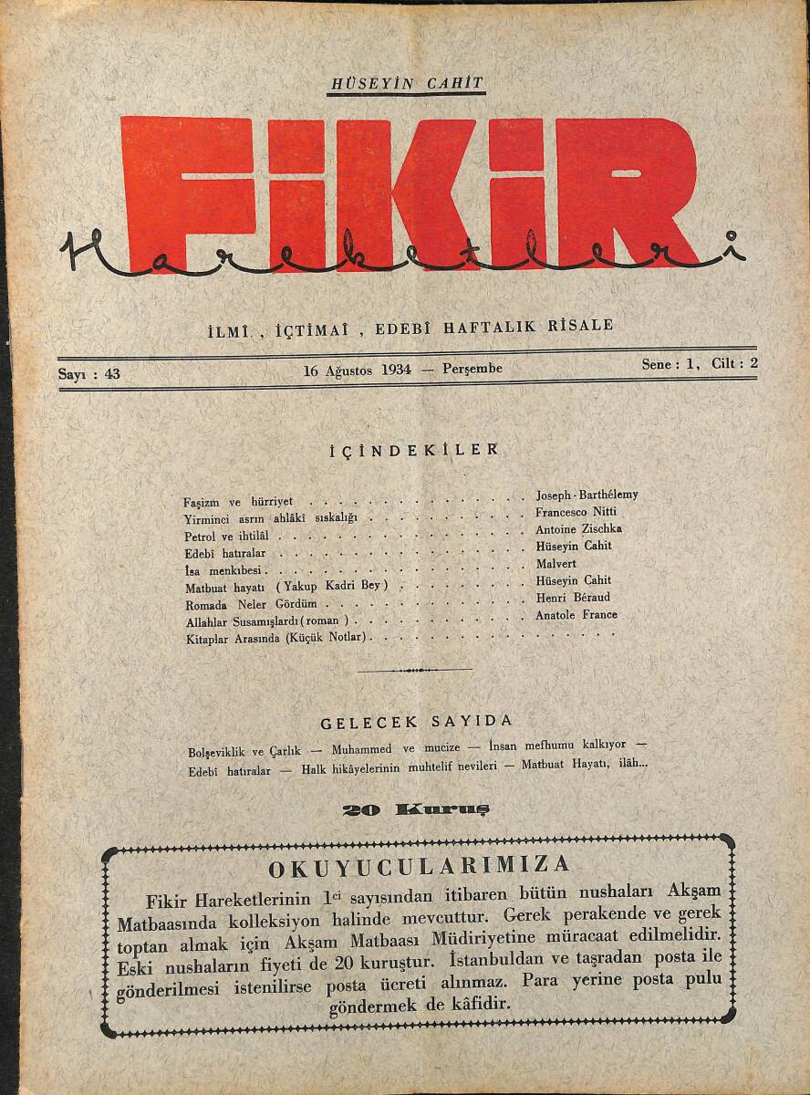 Fikir Hareketleri İlmi, İçtimai, Edebi Haftalık Risale 1934 Sayı 43 - Hüseyin Cahit - Anatole France NDR92094 - 1