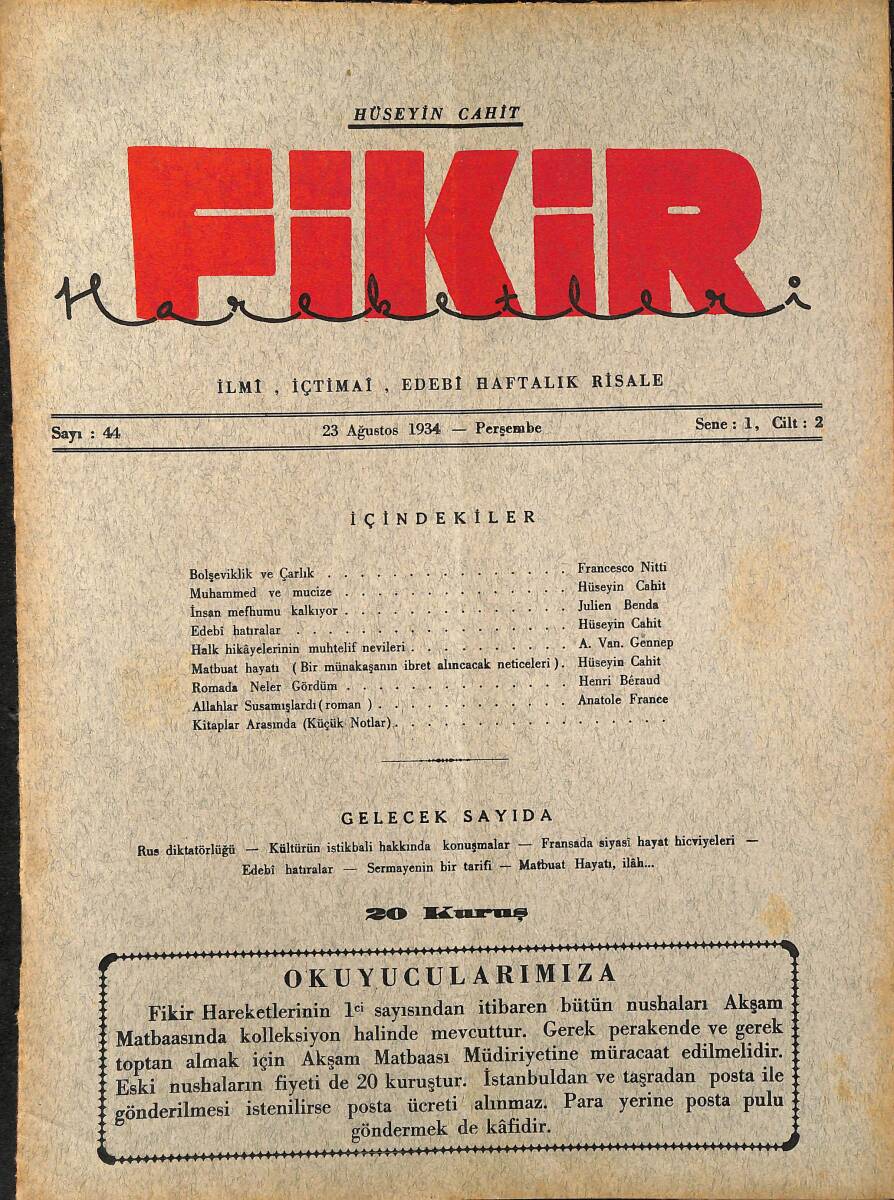 Fikir Hareketleri İlmi, İçtimai, Edebi Haftalık Risale 1934 Sayı 44 - Hüseyin Cahit - Julien Benda NDR92093 - 1